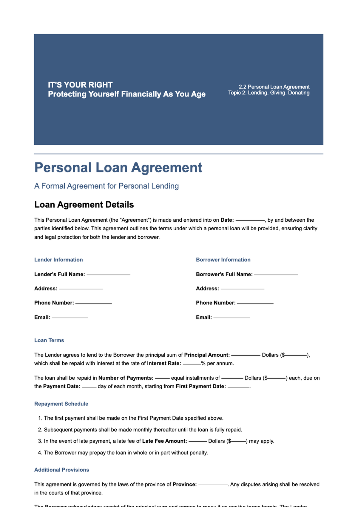 Personal loan agreement form with fillable fields and signature lines_variant_1